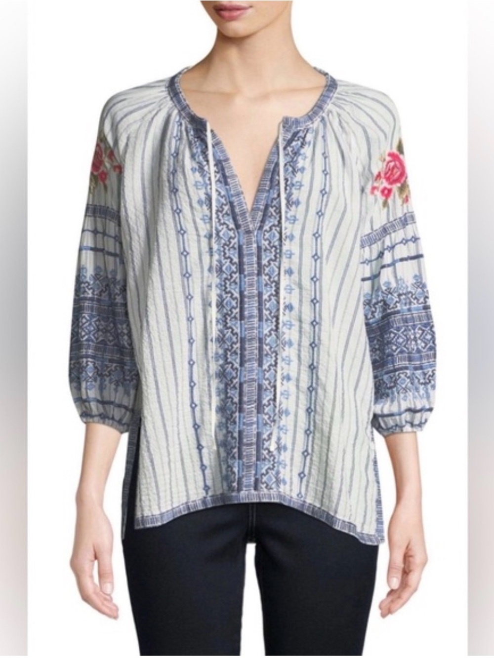 JOHNNY WAS Shea Blouse Santori Stripes Embroidered Blue/White Peasant Boho Med - Picture 6 of 13